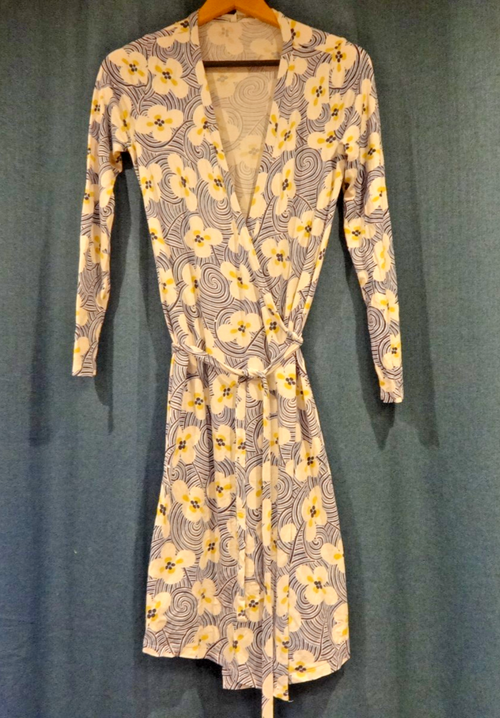Boden Dress Womens UK 12R Wrap Floral Jersey Midi Retro Long Sleeve Blue Yellow