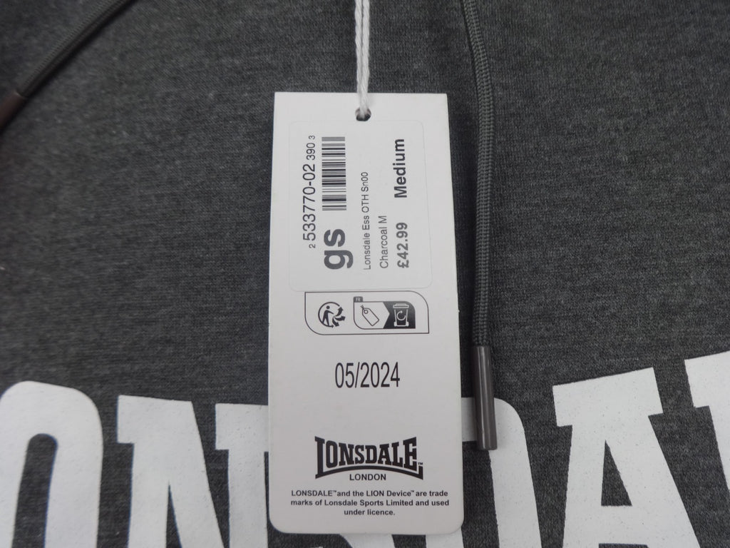 Lonsdale Hoodie Mens Medium Grey Logo BNWT Retro Hooded Sweatshirt Casual Y2K