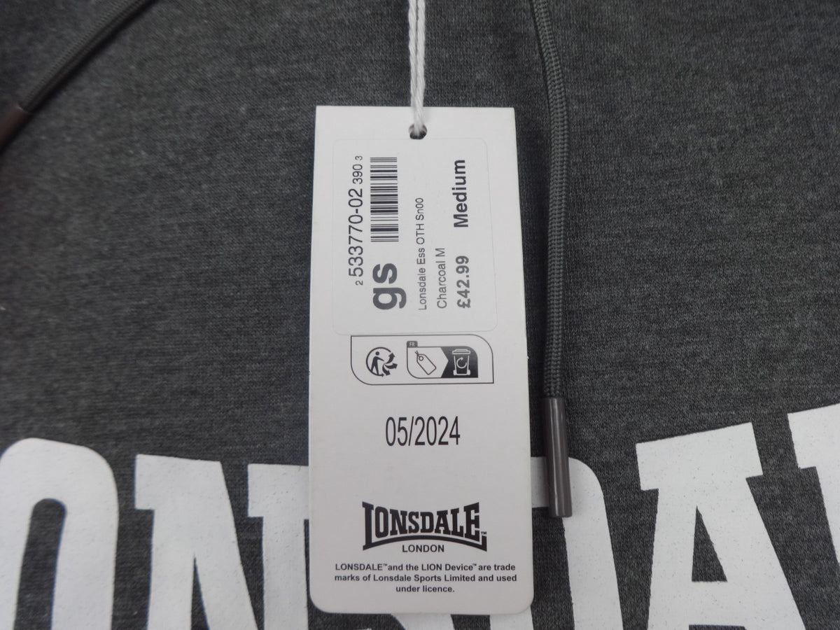 Lonsdale Hoodie Mens Medium Grey Logo BNWT Retro Hooded Sweatshirt Casual Y2K