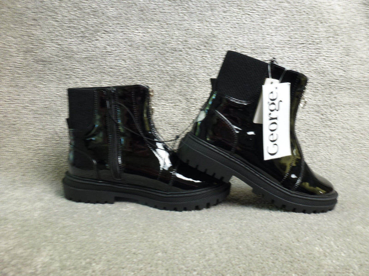 George Ankle Boots Girls UK 3 Black Patent Chunky Glitter Heart Chelsea Zip BNWT