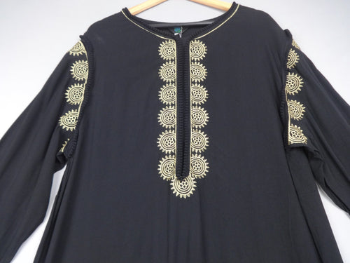 Blue Hills Kaftan Dress Women S/M Black Gold Embroidered Modest Boho Maxi Long