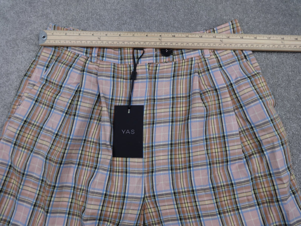 Y.A.S Freetown HW Trousers UK 12 Pink Checked Wide Leg High Waist Plaid Pants