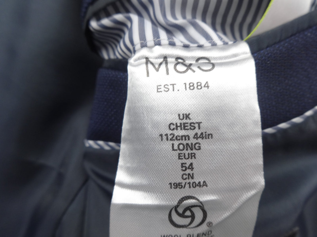 M&S Suit Jacket Mens 44 Long Navy Wool Blend Tailored Formal Suit Office Smart