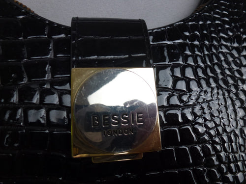 Bessie London Shoulder Bag Womens Black Croc Patent Y2K Baguette Gold Zip Party