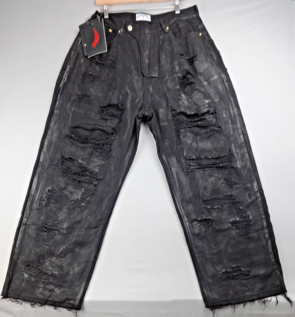 Freeworldorder Jeans Men Large Black Distressed Paint Wide Leg Designer Y2K BNWT
