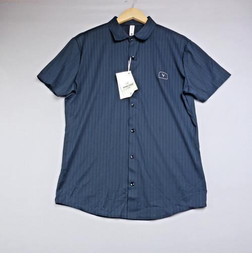 Brown Sugar Shirt Men L Navy Short Sleeve Ribbed Casual Smart Button Up BNWT