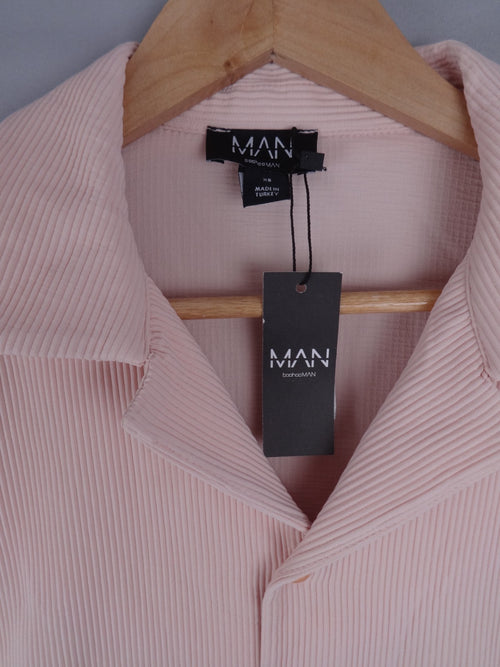 BoohooMAN Shirt Mens XS Pink Ribbed Short Sleeve Button Casual Summer BNWT Y2K