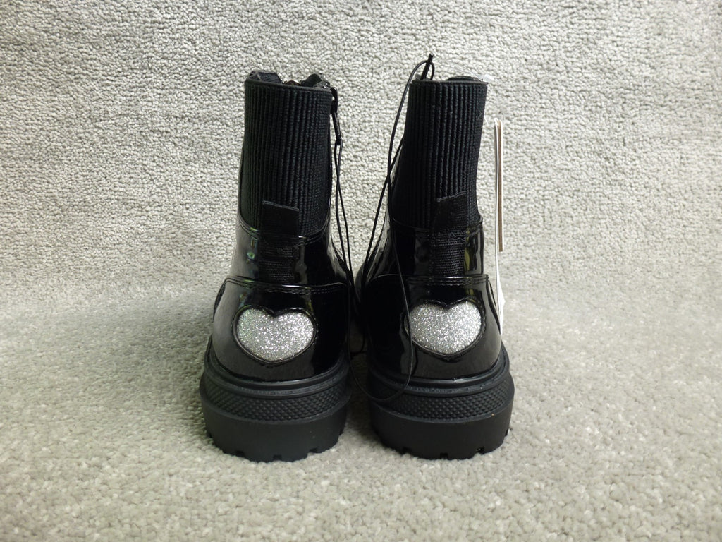 George Ankle Boots Girls UK 3 Black Patent Chunky Glitter Heart Chelsea Zip BNWT